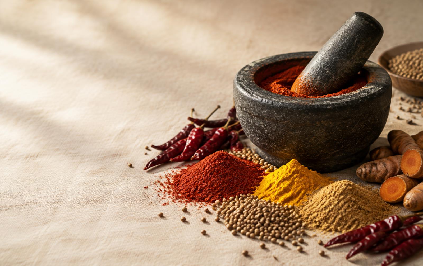 Cold stone ground chilli, turmeric and coriander beside a stone grinder